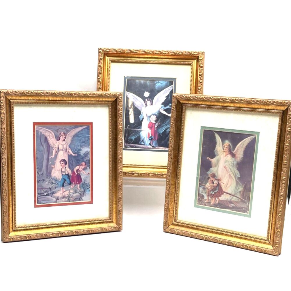 3 PC Gallery Graphics Gorgeous Gold Gilded Frames & Matted Guardian Angel Prints